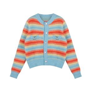 OEM Factory Custom Spring Fall Casual Ladies Mohair Rainbow Knitted Sweater Coat Tops Cardigan for Women