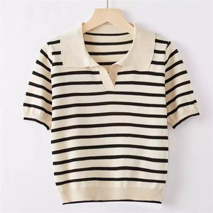 OEM Factory Custom Summer Designer Striped Ladies Knitwear Knitted Shirt Tops Sweater Cardigan for Women