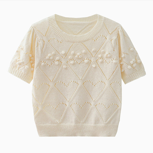 OEM Factory Custom Summer Designer Ladies Knitwear Hollow-out Short Sleeve Women Knitted Shirt Tops Sweater 