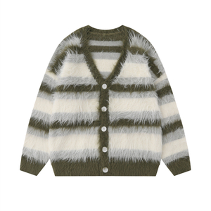 Custom Men's Mohair Fuzzy Knitwear Long Sleeve Knit Autumn Winter Striped Mohair Cardigan Sweater