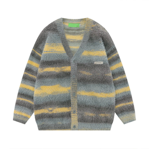 OEM Custom Autumn Winter Men Soft Mohair Knitwear V Neck Knit Striped Coat Cardigan Sweater 