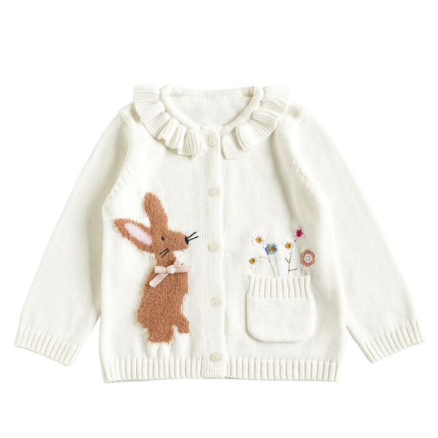 OEM Custom Girl's Long Sleeve Winter Rabbit Knit Button Up Cardigan Sweater Coat for Kids Girl