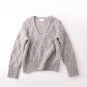 Fall Winter OEM Factory Fashion New Custom Long Sleeve Wool V Neck Gray Women Pullover Knit Sweater